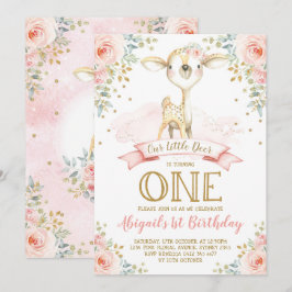 Girly Deer 1st Birthday Blush Gold Floral Woodland Kaart
