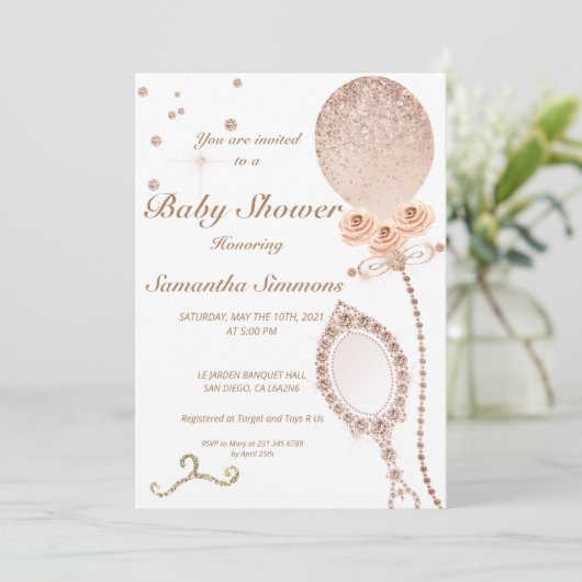 Girly Diamond Roos Gold Glitter Ballon Baby Showe Kaart (Staand voorkant)