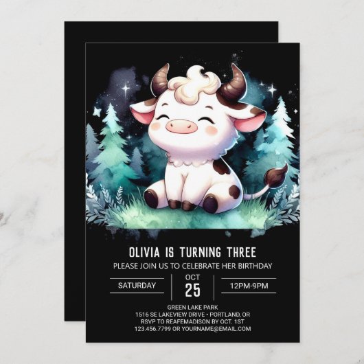 Girly Digitale Koe Verjaardag Kaart (Voorkant / Achterkant)