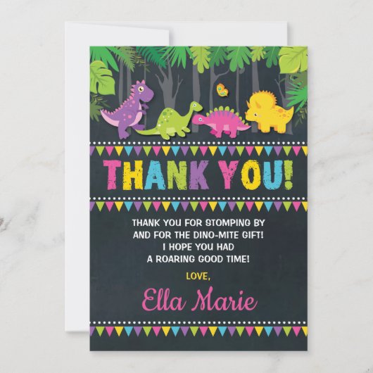 Girly Dinosaur Verjaardagsfeest Roze Dankjewel Kaa Kaart (Voorkant)