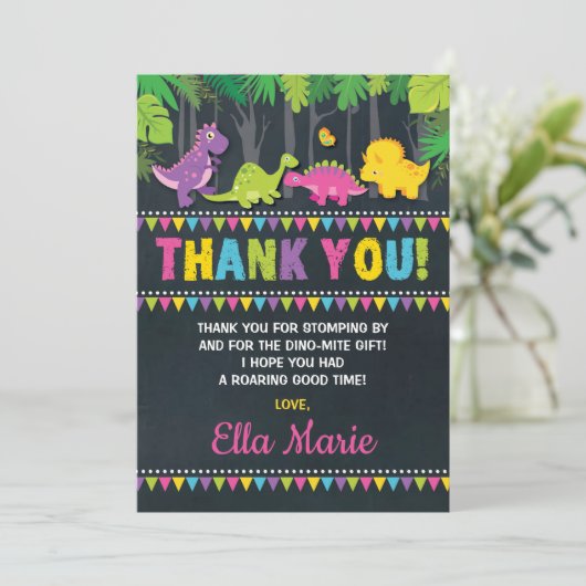 Girly Dinosaur Verjaardagsfeest Roze Dankjewel Kaa Kaart (Staand voorkant)