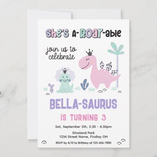 Girly Dinosaurus A-Roar-Able Verjaardagsfeestje op Kaart (Voorkant)