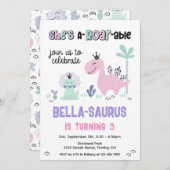 Girly Dinosaurus A-Roar-Able Verjaardagsfeestje op Kaart (Voorkant / Achterkant)