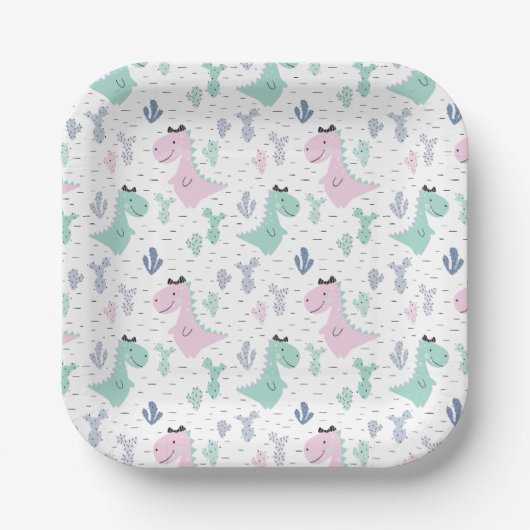 Girly Dinosaurus A-Roar-Able Verjaardagsfeestje op Papieren Bordje (Voorkant)