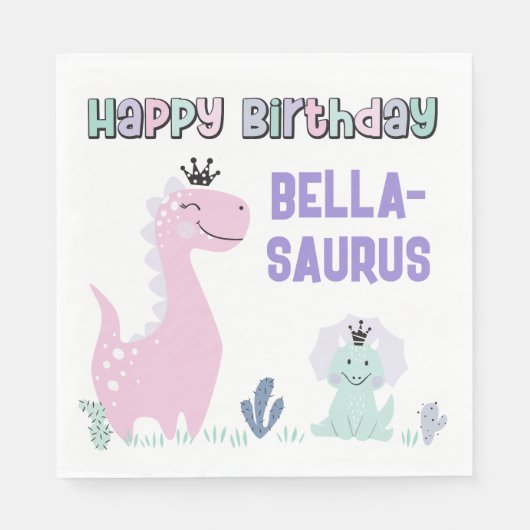 Girly Dinosaurus A-Roar-Able Verjaardagsfeestje op Servet (Voorkant)