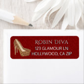 Girly Diva Red Glitter | Glam Gold Hoge hak schoen Etiket (Insitu)