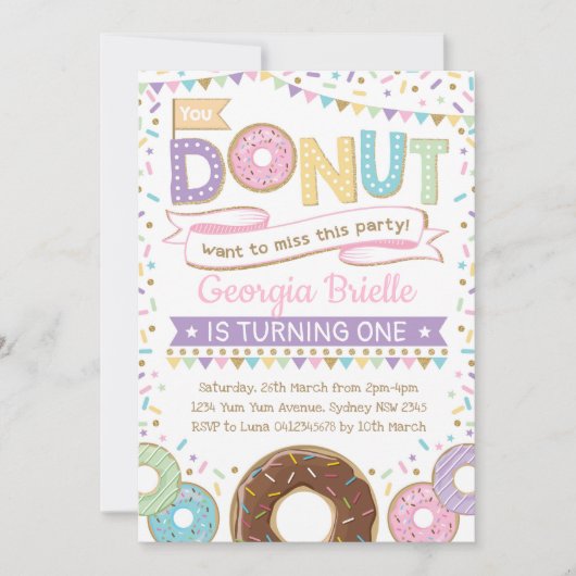 Girly Donut Uitnodiging Donut Verjaardag Sprinkles (Voorkant)