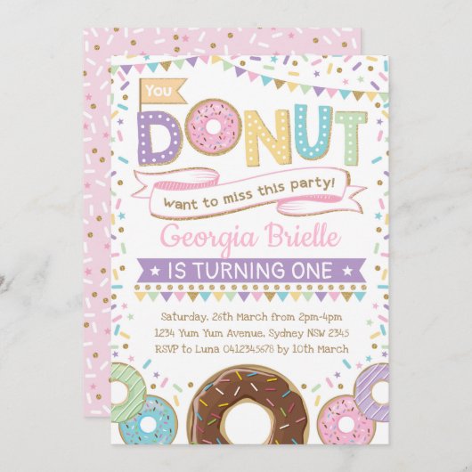 Girly Donut Uitnodiging Donut Verjaardag Sprinkles (Voorkant / Achterkant)