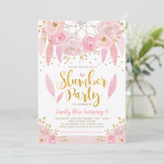 Girly Dreamweaver Pink Gold Floral Slumber Kaart (Staand voorkant)
