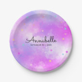 Girly Dreamy Pink Holographic Sky Stars Waterverf Papieren Bordje (Voorkant)