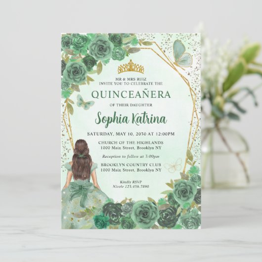Girly Dusty Green Gold Prinses Quinceañera Kaart (Staand voorkant)