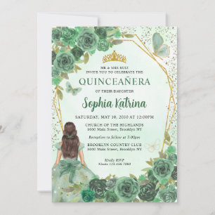 Girly Dusty Green Gold Prinses Quinceañera Kaart
