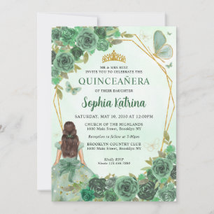 Girly Dusty Green Gold Prinses Quinceañera Kaart