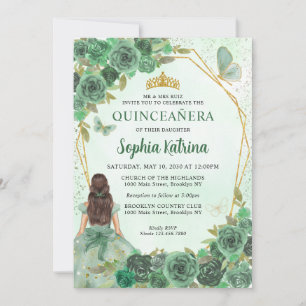 Girly Dusty Green Gold Prinses Quinceañera Kaart