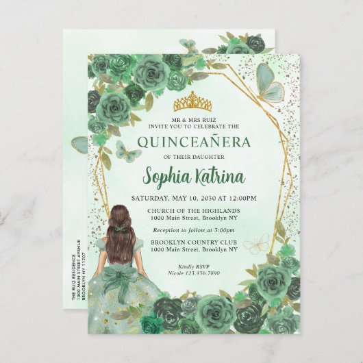 Girly Dusty Green Gold Prinses Quinceañera Uitnodiging Briefkaart (Voorkant / Achterkant)