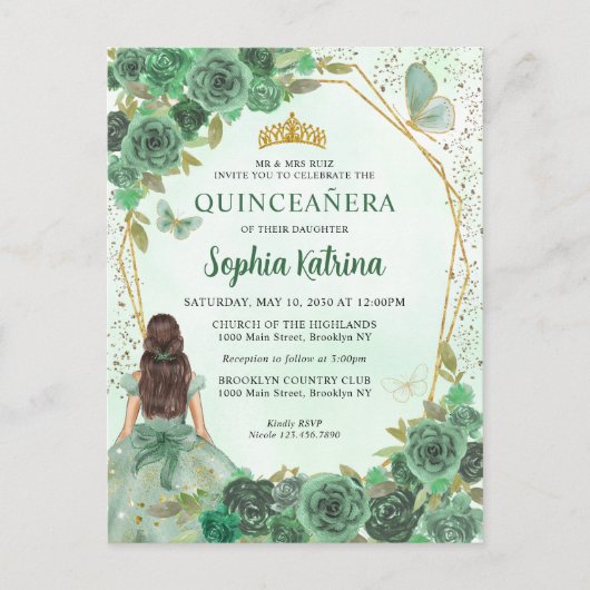 Girly Dusty Green Gold Prinses Quinceañera Uitnodiging Briefkaart (Voorkant)