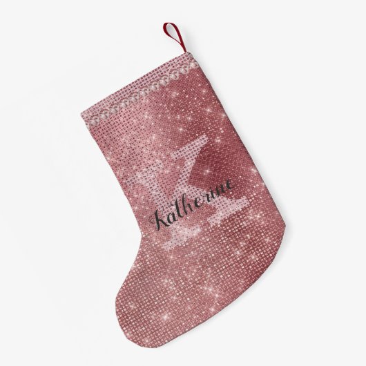 Girly Dusty Roos Gold Sparkle Fun Holiday Monogram Kleine Kerstsok (Achterkant (Hangend))