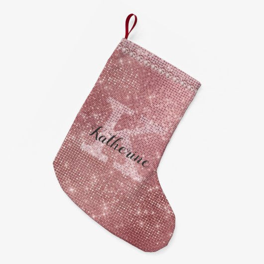 Girly Dusty Roos Gold Sparkle Fun Holiday Monogram Kleine Kerstsok (Voorkant (Hangend))