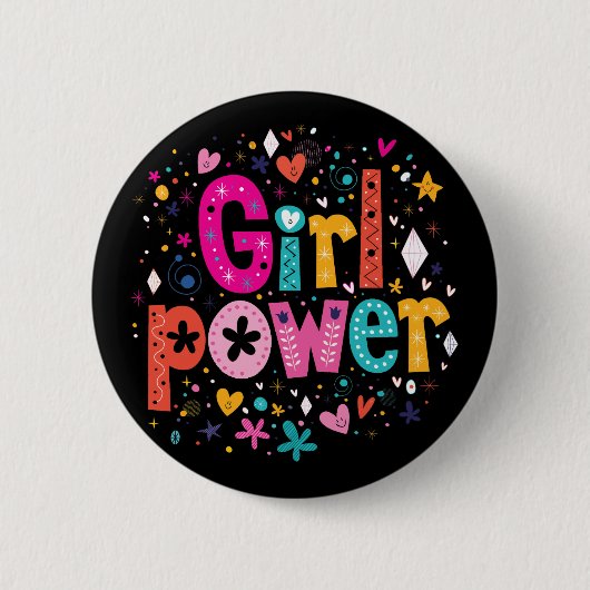 Girly Eclectic Bloemenmeisje Power Black Button (Voorkant)