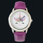 Girly Eenhoorn Gezicht Roze Bloemen Script Naam Horloge<br><div class="desc">Dit schattige horloge heeft een meisjesachtige eenhoorn gezicht met wimpers versierd met een roze hoorn en roze en paarse bloemen geaccentueerd door gouden harten. Hieronder is een naam in het moderne roze met de hand geletterde schrift voor u om te personaliseren. Typ de naam tussen de ligatuursymbolen om de vlaggen...</div>