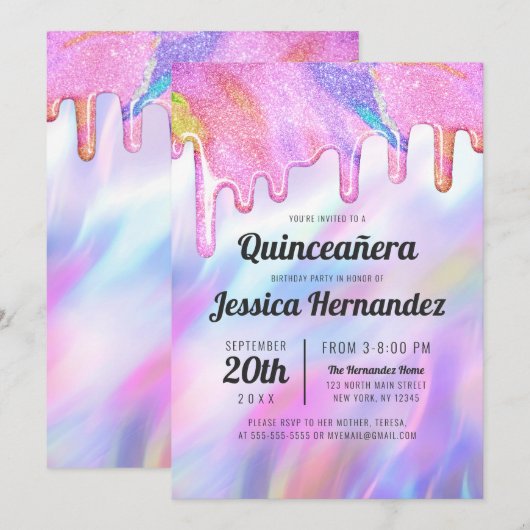 Girly Eenhoorn Holografische Glitter Drip Quinceañ Kaart (Voorkant / Achterkant)