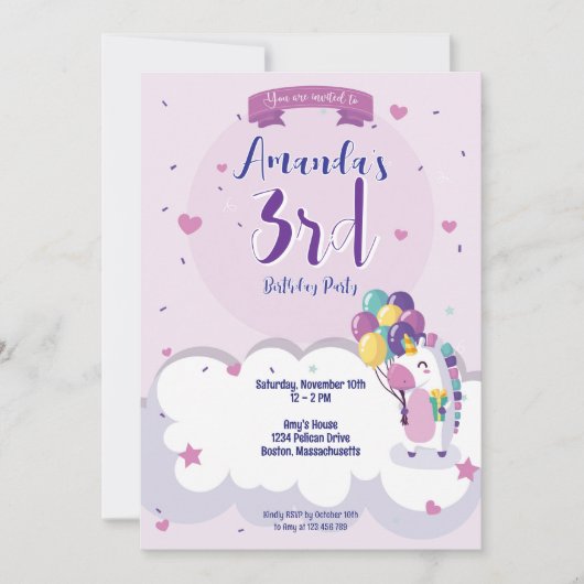 Girly eenhoorn thema verjaardag uitnodiging (Voorkant)