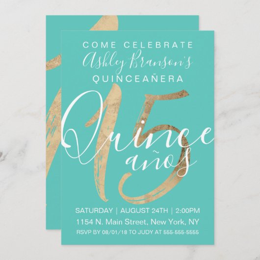 Girly Eenvoudige Turquoise Groene Gouden Folie Qui Kaart (Voorkant / Achterkant)