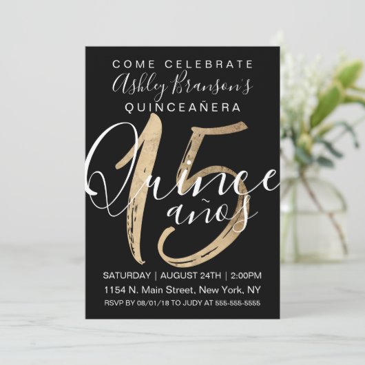 Girly Eenvoudige Zwart en Wit Gouden Folie Quincea Kaart (Staand voorkant)