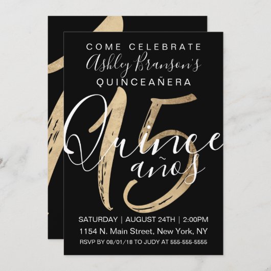 Girly Eenvoudige Zwart en Wit Gouden Folie Quincea Kaart (Voorkant / Achterkant)