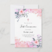 Girly Eerste Communie Roze waterverf Bloemen Kaart (Voorkant)