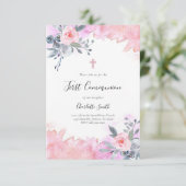 Girly Eerste Communie Roze waterverf Bloemen Kaart (Staand voorkant)