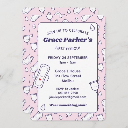 Girly Eerste Periode Roze Leuke Menstruele Pad Par Kaart (Voorkant / Achterkant)