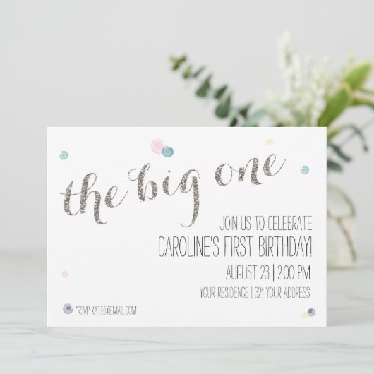 Girly Eerste Verjaardag Uitnodiging - zilver (Staand voorkant)