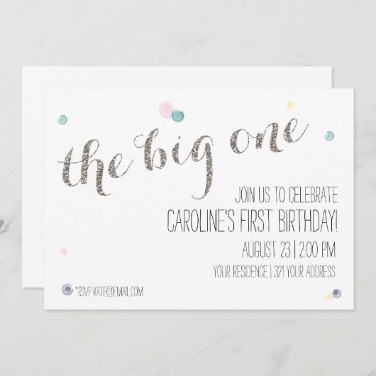 Girly Eerste Verjaardag Uitnodiging - zilver (Voorkant / Achterkant)