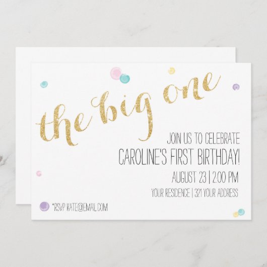 Girly eerste verjaardagsuitnodiging - Glitter Gold Kaart (Voorkant / Achterkant)