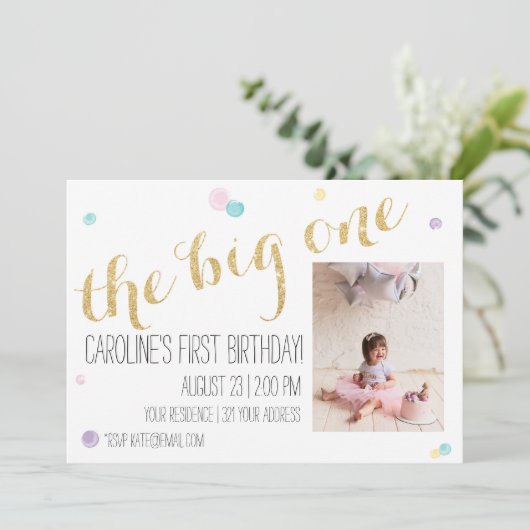 Girly eerste verjaardagsuitnodiging - Glitter Gold Kaart (Staand voorkant)