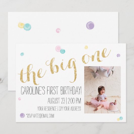 Girly eerste verjaardagsuitnodiging - Glitter Gold Kaart (Voorkant / Achterkant)