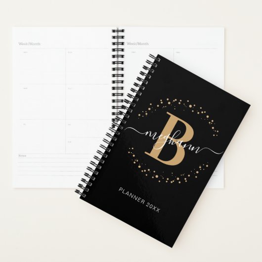 Girly Elegant Black Gold Name Monogrammed Planner (Display)