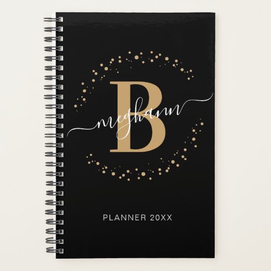 Girly Elegant Black Gold Name Monogrammed Planner (Voorkant)