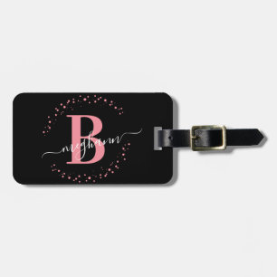 Girly Elegant Black Pink Name Monogram Script Lugg Bagagelabel