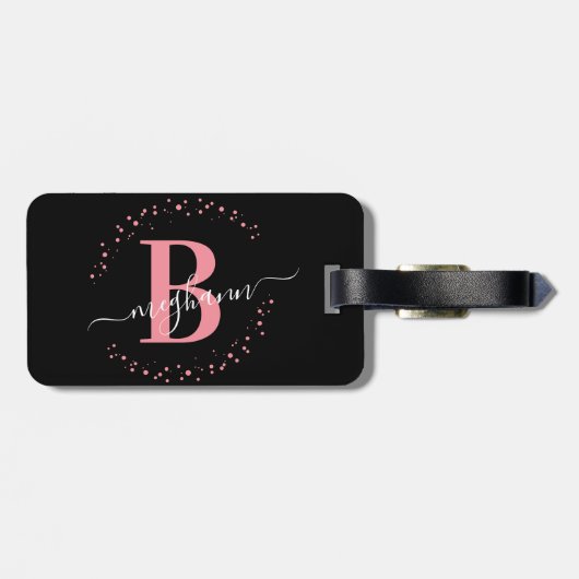 Girly Elegant Black Pink Name Monogram Script Lugg Bagagelabel (Achterkant horizontaal)