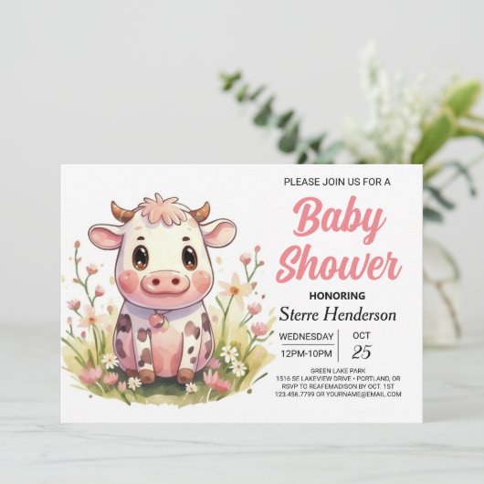 Girly Elegant Enchanted Koe Baby Showe Kaart (Staand voorkant)