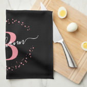 Girly Elegant Pink Black Name Monogram Script Kitc Theedoek (Quarter Fold)