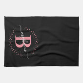 Girly Elegant Pink Black Name Monogram Script Kitc Theedoek (Horizontaal)