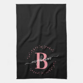 Girly Elegant Pink Black Name Monogram Script Kitc Theedoek (Verticaal)