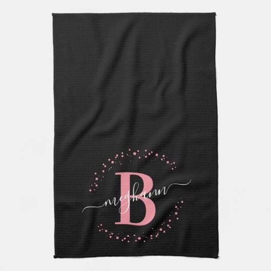 Girly Elegant Pink Black Name Monogram Script Kitc Theedoek (Verticaal)