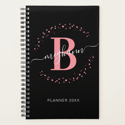 Girly Elegant Pink Black Name Monogrammed 2023 Planner (Voorkant)