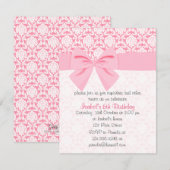Girly Elegant Pink Damask Wrap Bow Birthday Party Kaart (Voorkant / Achterkant)