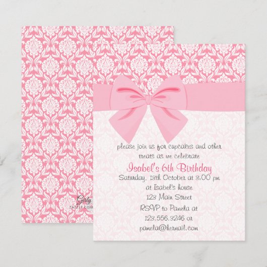 Girly Elegant Pink Damask Wrap Bow Birthday Party Kaart (Voorkant / Achterkant)