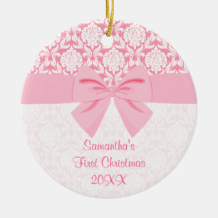 Girly Elegant Pink Damask Wrap Bow First Kerstmis Keramisch Ornament